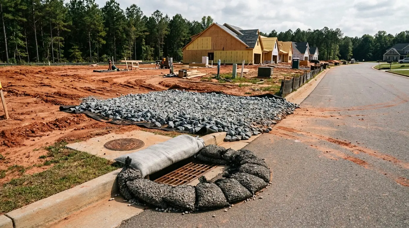 Gravel construction exit over filter fabric at a subdivision lot, with a curb inlet ringed by gravel bags