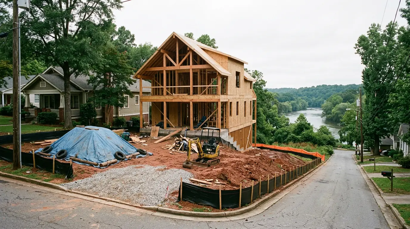 New house framed on a sloped in-town lot with silt fence along the curb, a gravel construction exit, a tarped stockpile and orange buffer fence toward a river corridor