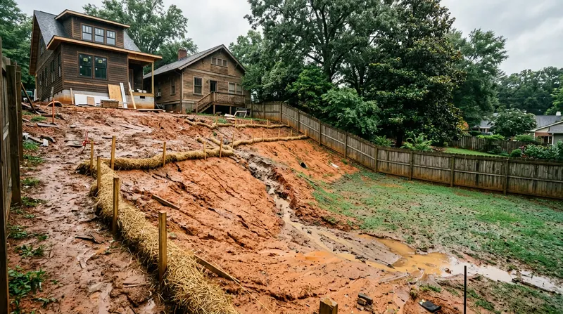 Bare clay backyard slope with straw wattles and a washout channel behind a home addition