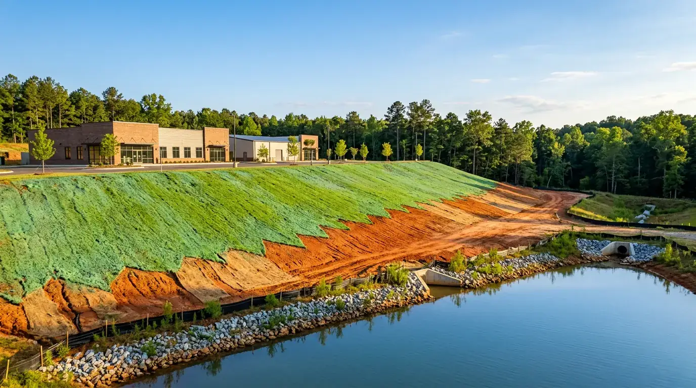 Green hydromulch sprayed on a graded slope behind a commercial building above a detention pond with riprap edges
