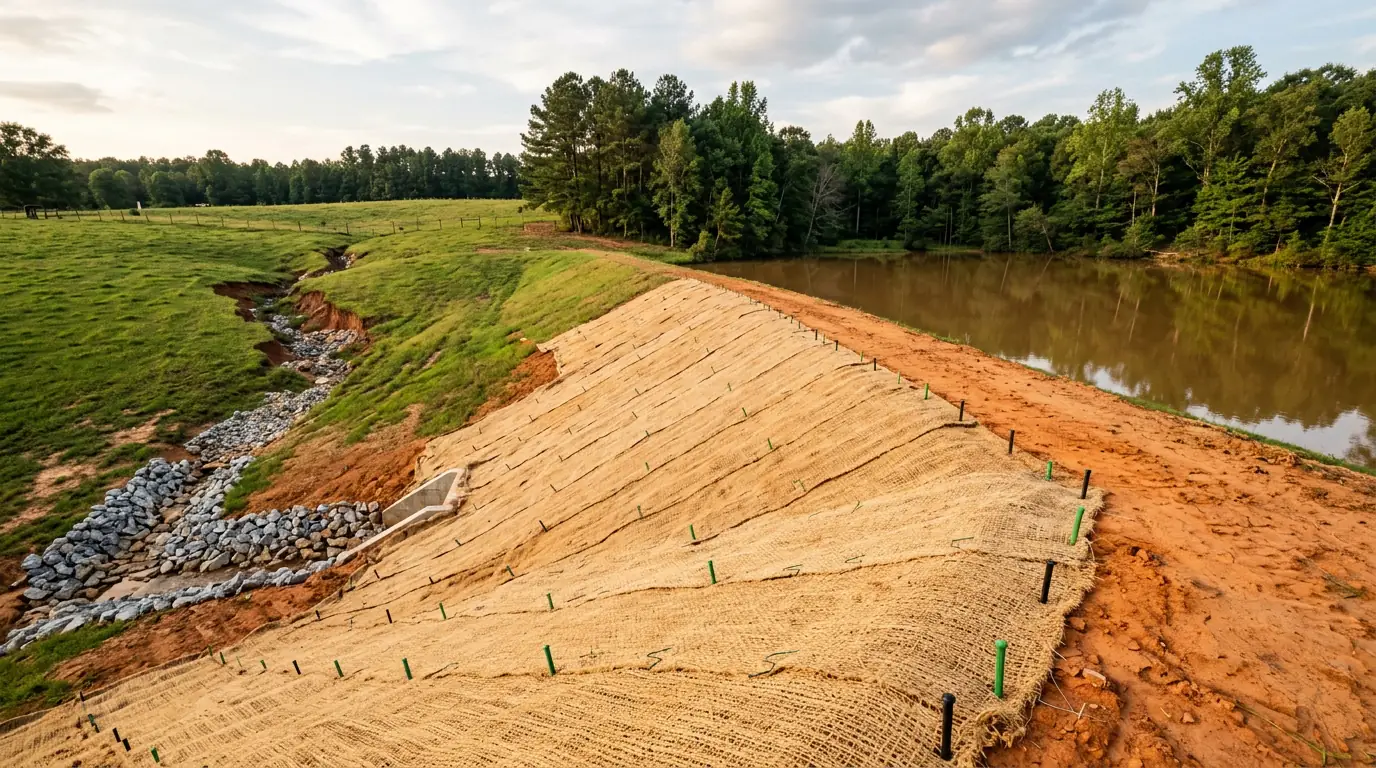 Regraded pond dam face covered with stapled erosion control blanket beside a farm pond, with a riprap-lined gully running down the pasture