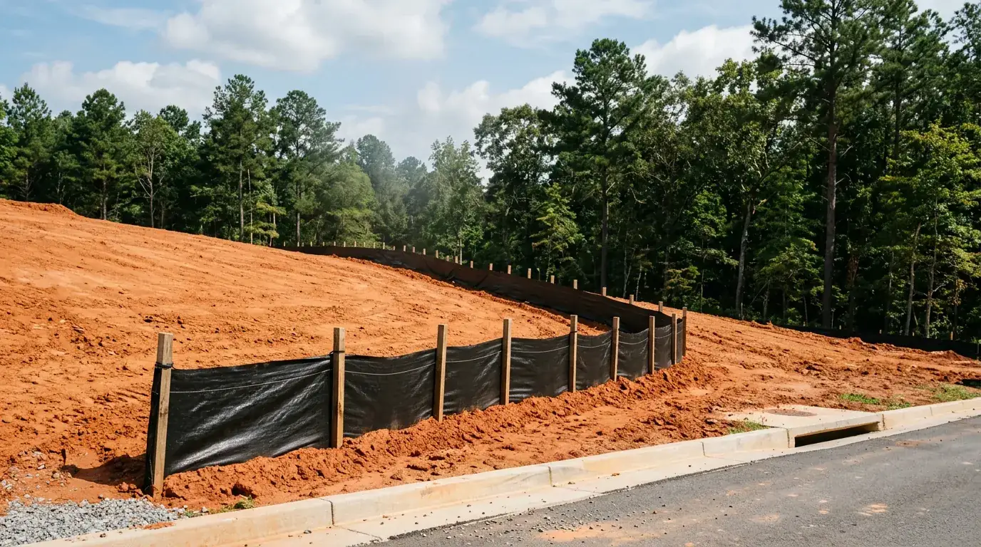 Staked silt fence along the downhill edge of a graded red clay lot beside a curb and storm inlet