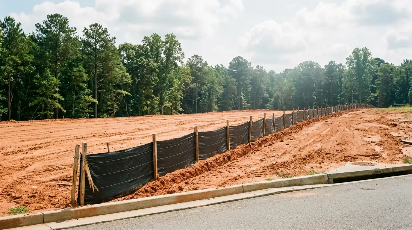 Long run of trenched silt fence on wooden stakes along the perimeter of a cleared red clay site