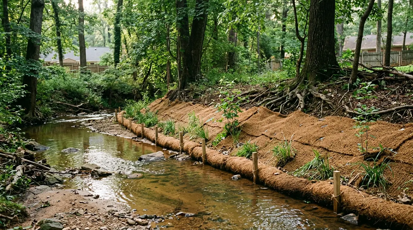 Coir fiber log staked along the toe of a wooded creek bank, with coir matting and young plants on the slope above